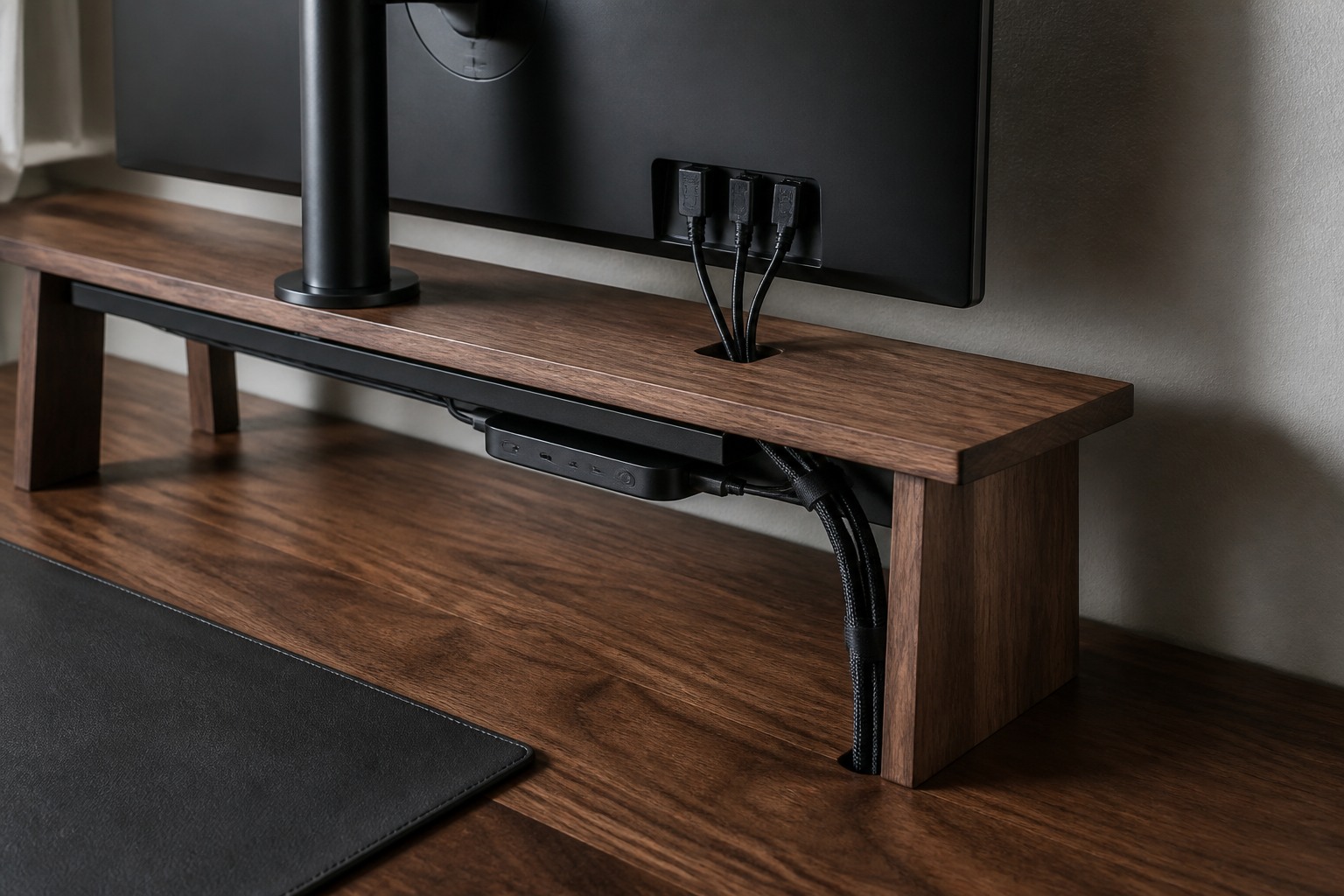 مسیر منظم کابل‌های مانیتور و داک در پشت و زیر شلف رومیزی