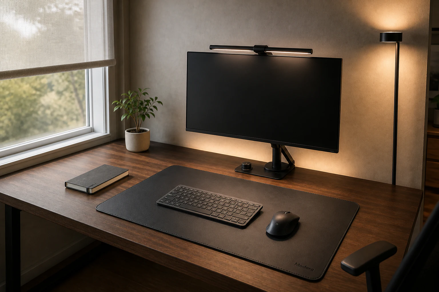 ترکیب نور طبیعی، لایتبار، نور پشت مانیتور و چراغ محیطی در یک اتاق کار